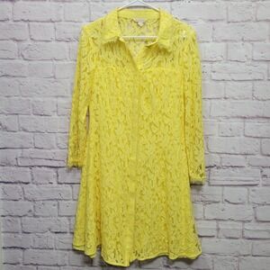 Nanette Lepore Bright Yellow Lace‎ Shirt Dress Size 12 Full Button Collar Lined